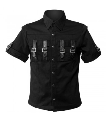 Men Gothic Shirt Black Vintage Straps Buckle Shirt Work Shirt